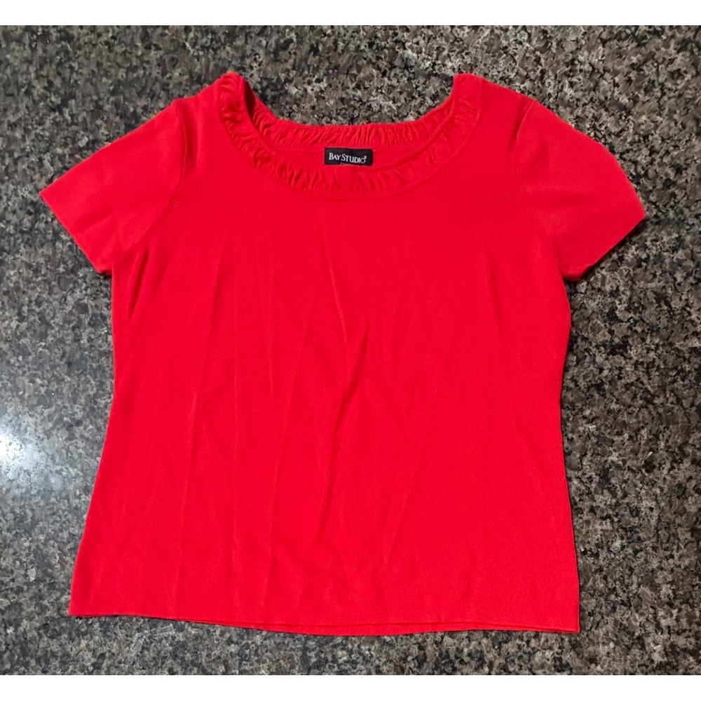 Bay Studio‎ Career Red Short Sleeve Knit Top Ruffle Scoop Neck XL 1C59346